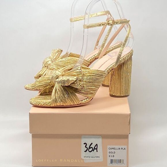 Loeffler Randall Camellia Gold Pleated Bow Heel Sandals size 6.5 - Picture 11 of 13